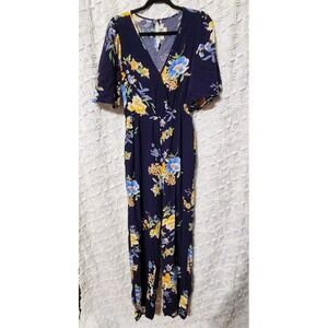 Band Of Gypsies Jumpsuit Womens M Floral Boho Navy Yellow‎ Flutter Sleeve P102